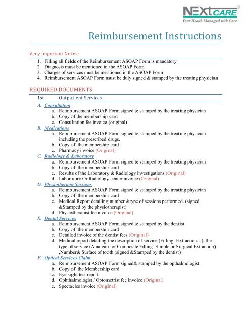 Reimbursement Instructions Nextcare