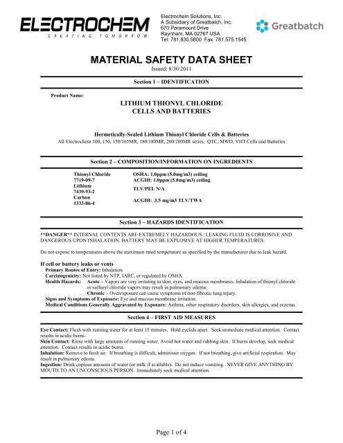 MATERIAL SAFETY DATA SHEET - Excell Battery Company