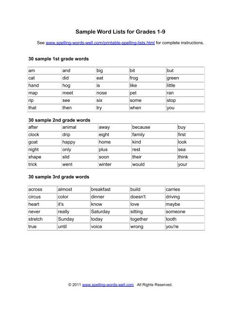 Sample Word Lists For Grades 1 9 Spelling Words Well