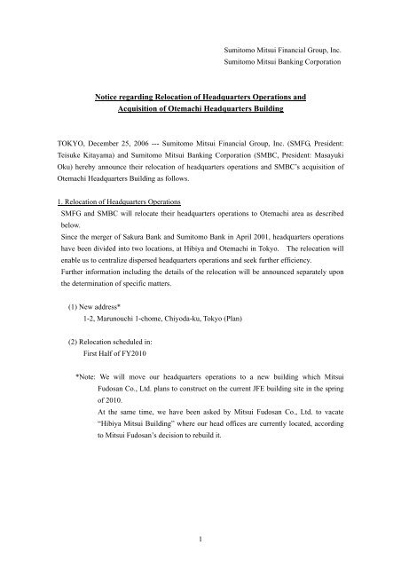 Notice regarding Relocation of Headquarters Operations
