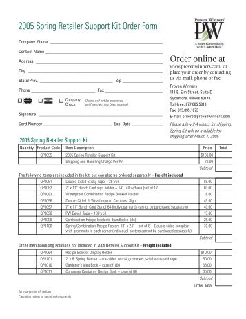 2005 Spring Retailer Support Kit Order Form Order online at