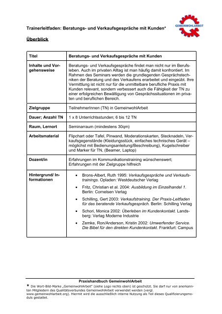 Trainerleitfaden Beratungs Und Verkaufsgespraƒa Che Mit Kunden
