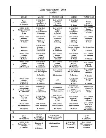 Grille horaire 2010 â 2011 MATIN - U3A