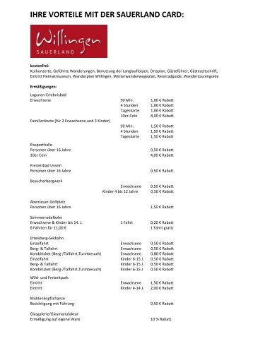 IHRE VORTEILE MIT DER SAUERLAND CARD: - Willingen