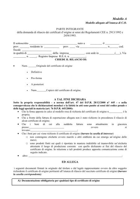 Modello A - allegato domanda certificato di origine - Camera di ...