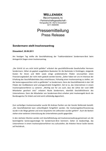Pressemitteilung Baeckerei Sondermann - WELLENSIEK ...
