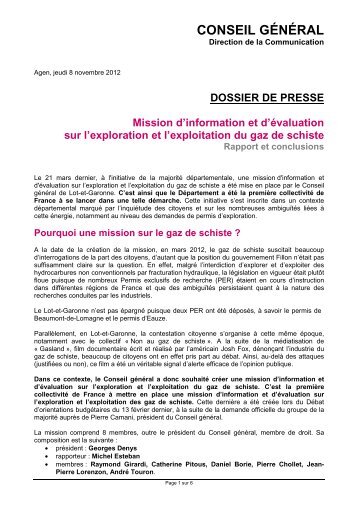 Dossier presse - Rapport Gaz de schiste - Lot-et-Garonne