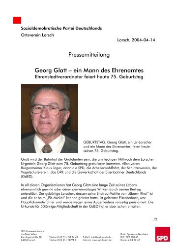 Pressemitteilung Georg Glatt â ein Mann des ... - SPD Lorsch