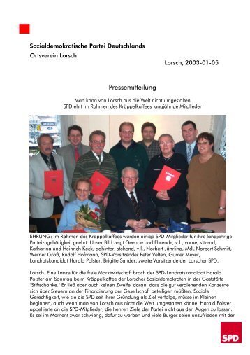SPD BergstraÃe â¢ Postfach 17 39 â¢ 64607 Bensheim - SPD Lorsch