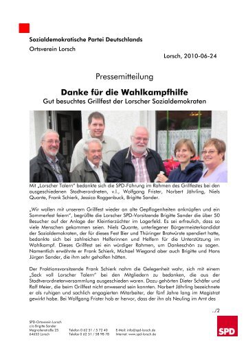 Pressemitteilung Danke fÃ¼r die Wahlkampfhilfe - SPD Lorsch