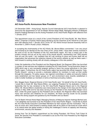 Press Release - ACI Asia-Pacific Announces New President