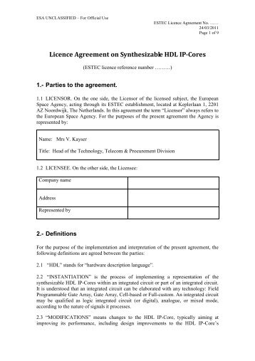 Licence Agreement - Microelectronics - ESA