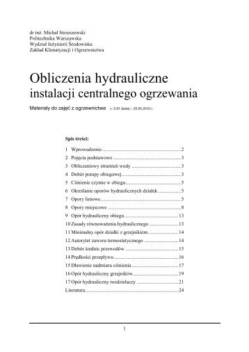 Obliczenia hydrauliczne instalacji centralnego ogrzewania - WydziaÅ ...