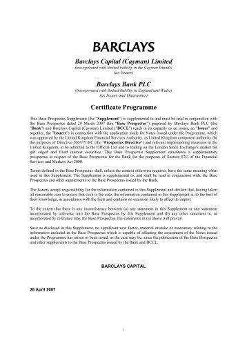 Barclays Capital (Cayman) Limited Barclays Bank PLC Certificate ...