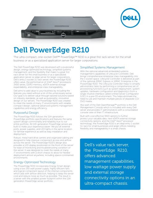 PowerEdge R210 Spec Sheet - Dell
