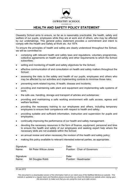 HEALTH AND SAFETY POLICY STATEMENT - Oswestry School