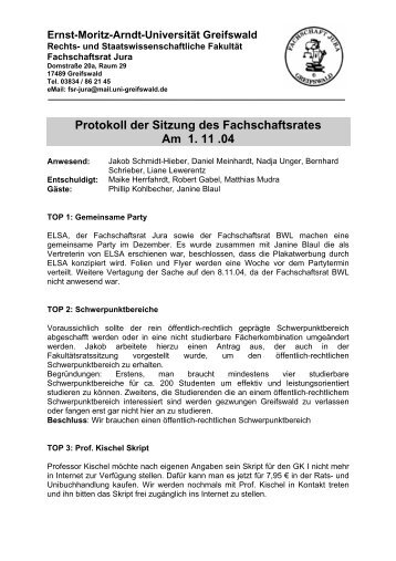 Protokoll der Sitzung des Fachschaftsrates Am 1. 11 .04