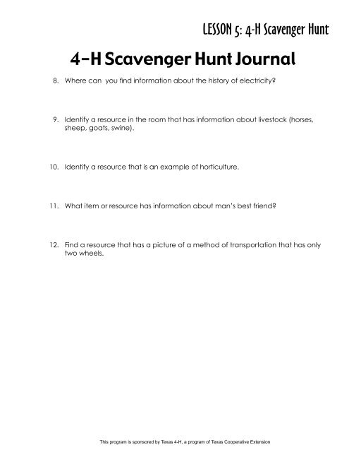 LESSON 5: 4-H Scavenger Hunt - Texas 4-H and Youth Development