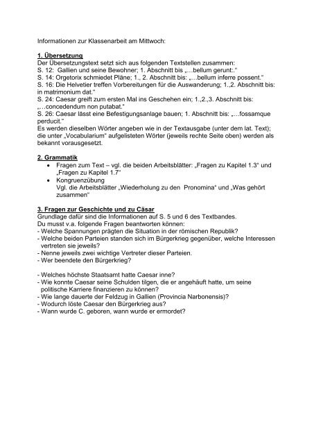 Informationen Zur Klassenarbeit Am Mittwoch 1 Ubersetzung Der