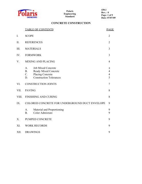 CONCRETE CONSTRUCTION TABLE OF CONTENTS PAGE I ...