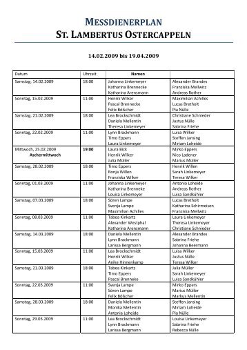 MESSDIENERPLAN ST. LAMBERTUS OSTERCAPPELN