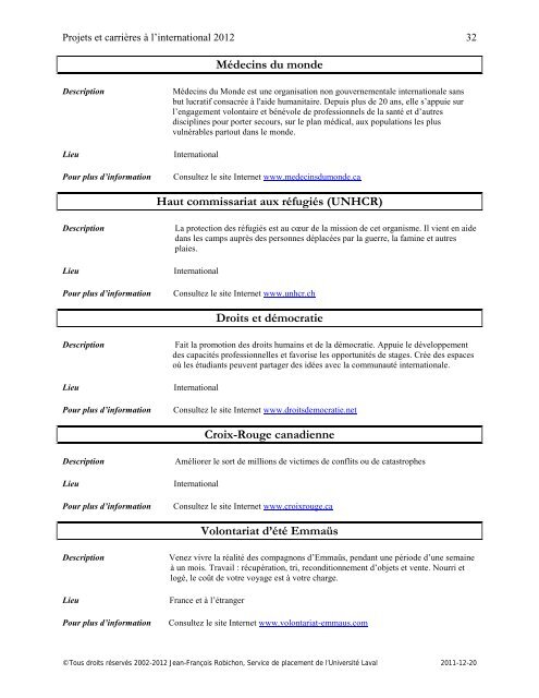 Projets et carrières à l'international - Le Service de placement de l ...