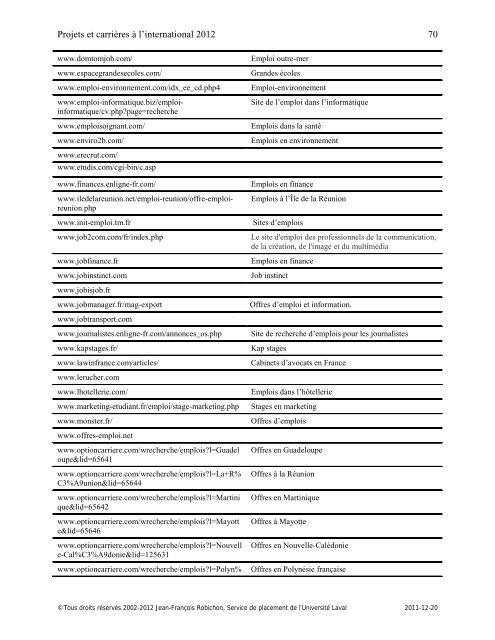 Projets et carrières à l'international - Le Service de placement de l ...