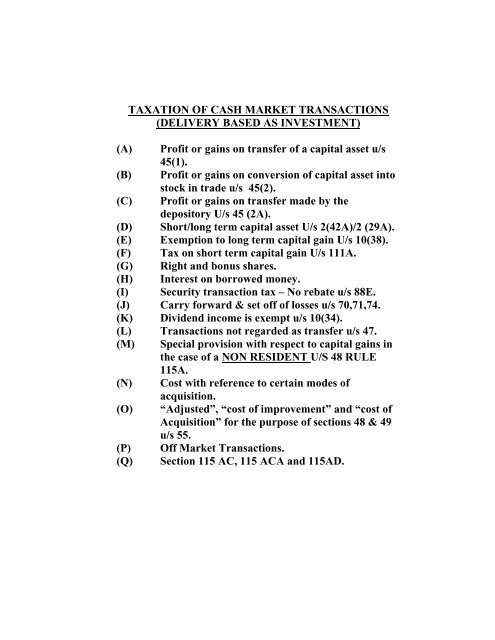 Accounting & Taxation Issues relating to Capital Market Transactions