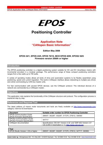 EPOS Application Note: CANopen Basic Information - Maxon Motor ag