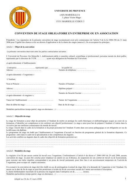 convention de stage obligatoire en entreprise ou en association