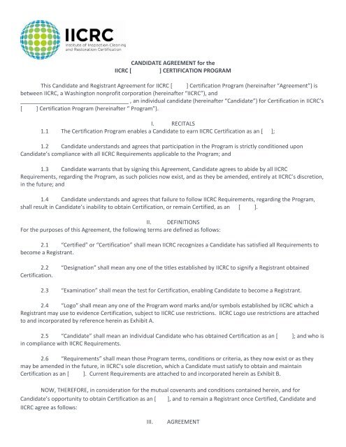CANDIDATE AGREEMENT for the IICRC [ ] CERTIFICATION ...