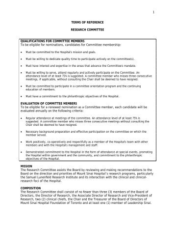 Terms of Reference - Research Committee - Mount Sinai Hospital