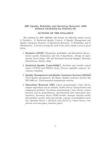 JRF (Quality, Reliability and Operations Research): 2009 INDIAN ...