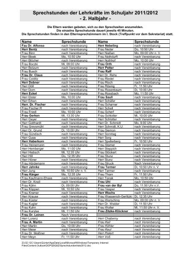 Sprechstunden der LehrkrÃ¤fte im Schuljahr 2000/2001