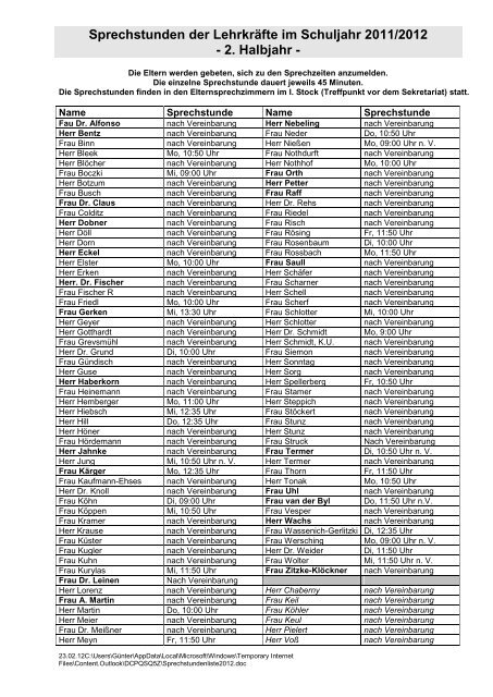 Sprechstunden der LehrkrÃ¤fte im Schuljahr 2000/2001