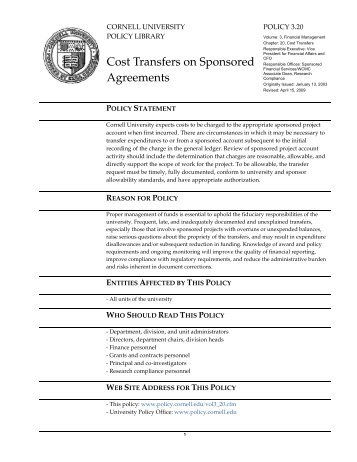 University Policy 3.20, Cost Transfers on Sponsored Agreements