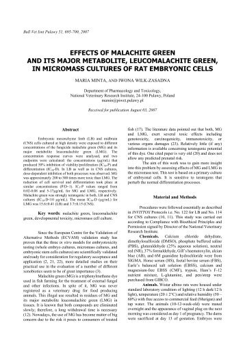 effects of malachite green and its major metabolite, leucomalachite ...