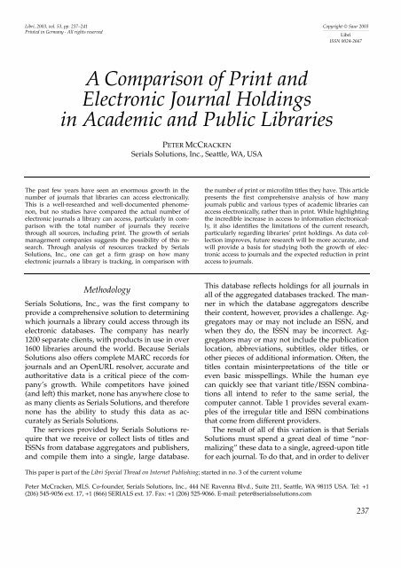 A Comparison of Print and Electronic Journal Holdings in ... - Libri
