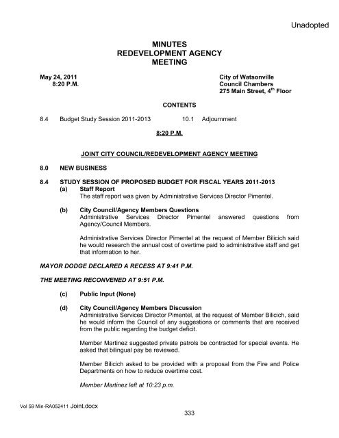 agenda city of watsonville city council/redevelopment agency meeting