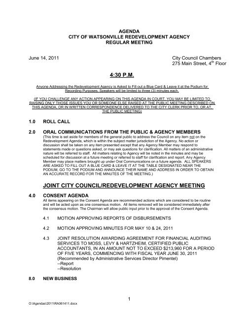 agenda city of watsonville city council/redevelopment agency meeting