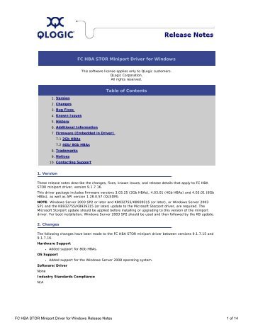 FC HBA STOR Miniport Driver for Windows Release Notes - QLogic