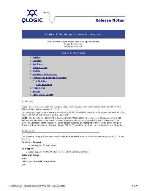 FC HBA STOR Miniport Driver for Windows Release Notes - QLogic