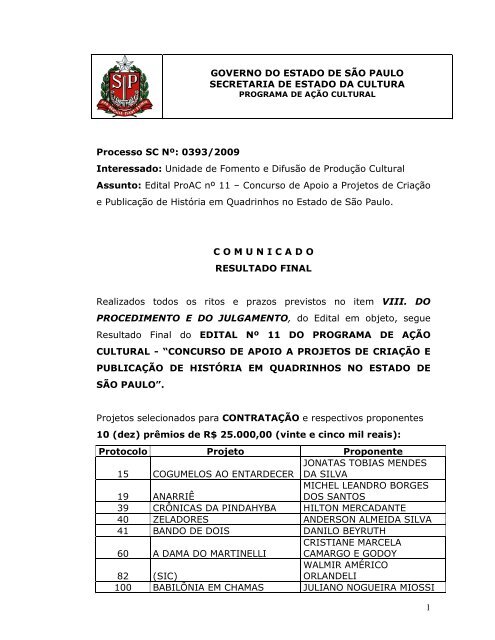 RESULTADO FINAL - COMUNICADO - ProAC 11 2009