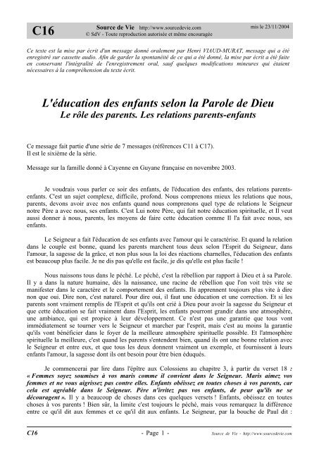 L'Ã©ducation des enfants selon la Parole de Dieu - Levangelisation.com