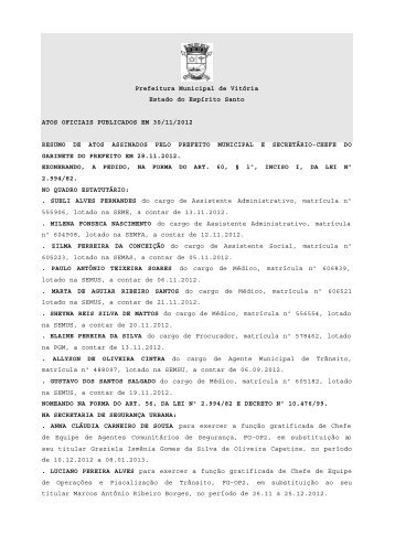 Atos Oficiais publicados em 30/11/2012 - Prefeitura de VitÃ³ria