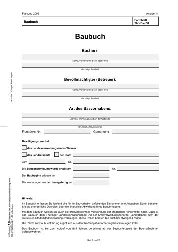 Baubuch (Formblatt ThÃ¼rBau VI) - Zentraler ThÃ¼ringer Formularservice