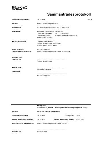 2011-10-18 Barn- och utbildningsutskottets protokoll - Gnosjö kommun