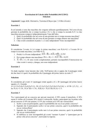 Esercitazioni di Calcolo delle ProbabilitÃ  (04/12/2012) Soluzioni ...