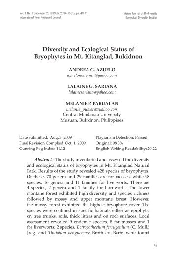 Diversity and Ecological Status of Bryophytes in Mt. Kitanglad ...