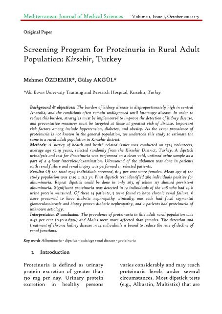 Screening Program for Proteinuria in Rural Adult Population: Kirsehir, Turkey